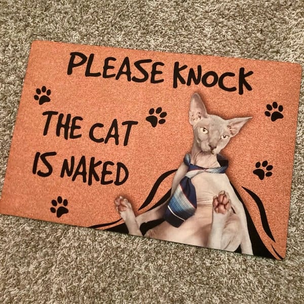 Personalized Sphynx Cat Doormat - Please Knock The Cat is Naked photo review
