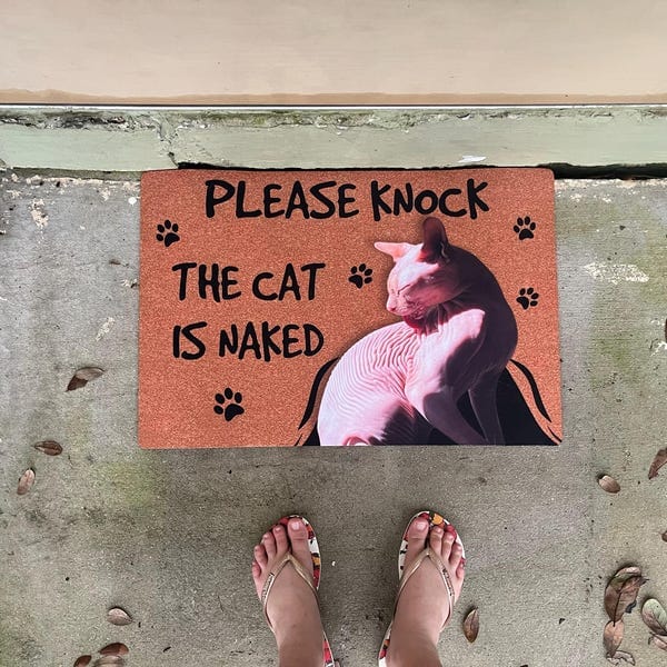 Personalized Sphynx Cat Doormat - Please Knock The Cat is Naked photo review