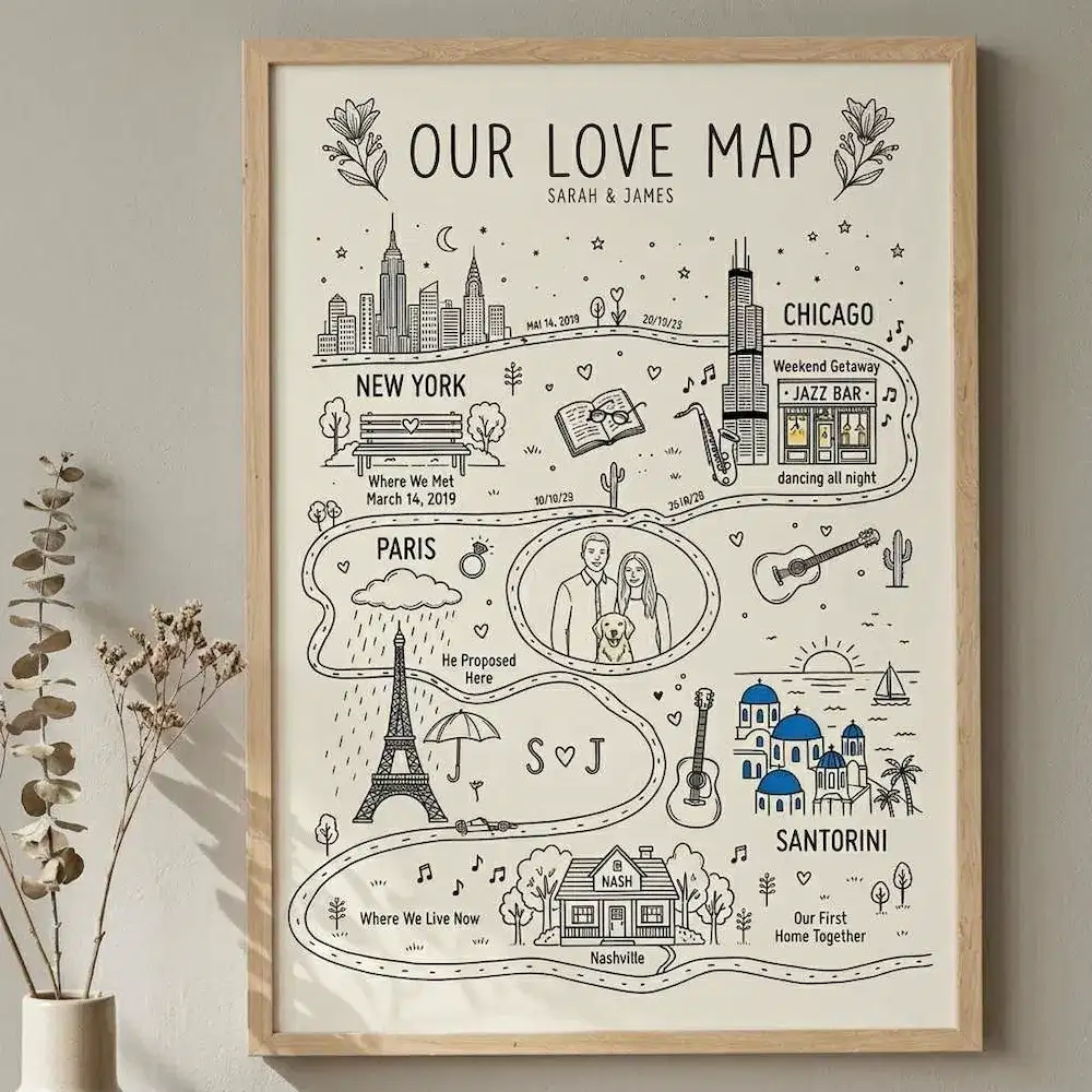 Custom illustrated love map print framed on wall — personalized wedding anniversary and housewarming gift