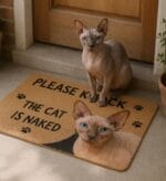Personalized Sphynx cat doormat with funny message ‘Please Knock, The Cat is Naked’ and cat's photo printed on the doormat