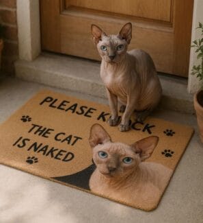 Personalized Sphynx cat doormat with funny message ‘Please Knock, The Cat is Naked’ and cat's photo printed on the doormat