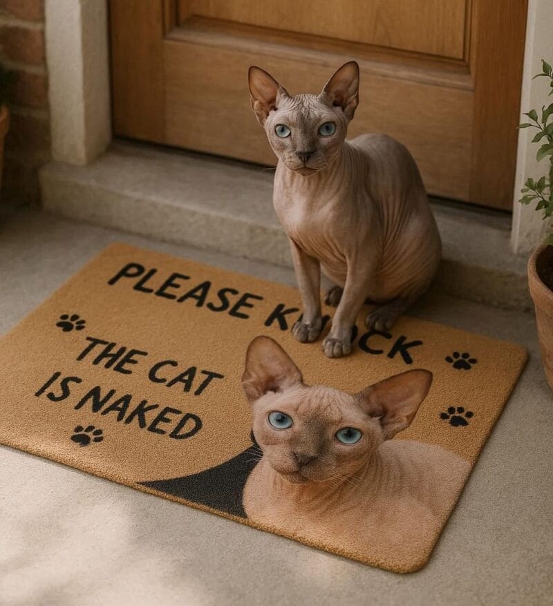 Personalized Sphynx cat doormat with funny message ‘Please Knock, The Cat is Naked’ and cat's photo printed on the doormat