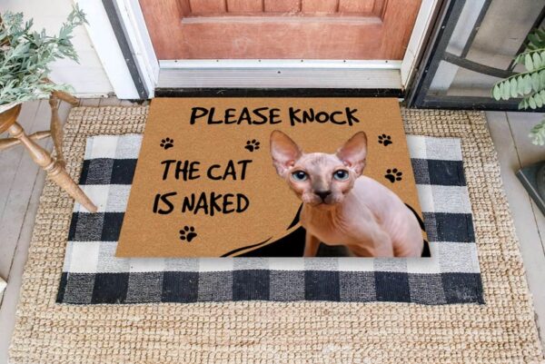 Personalized Sphynx Hairless Cat Doormat Please Knock the cat is naked