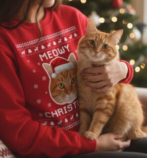 Cat Photo Ugly Christmas Sweater – Meowy Christmas personalized holiday sweatshirt with custom cat face print, funny Xmas gift for cat lovers and festive parties