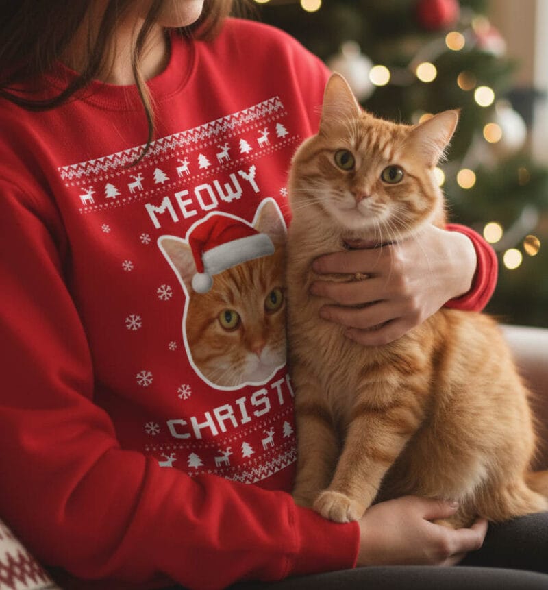 meowy-christmas-cat-photo-ugly-christmas-sweater-personalized-holiday-gift Cat Photo Ugly Christmas Sweater – Meowy Christmas personalized holiday sweatshirt with custom cat face print, funny Xmas gift for cat lovers and festive parties