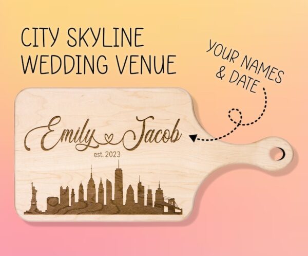 City Skyline Wedding Venue Cutting Board Couple Names & Date