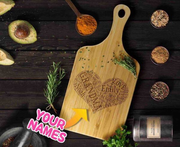 Custom Engraved Grandma Wort Art Heart Shaped Cutting Board Gift Idea for Mother's Day