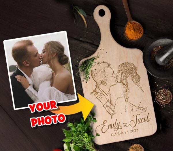Custom Wedding Portrait Photo Cutting Board: Heart-Connected Names