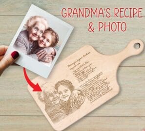 Grandma Photo and Recipe enrgaved on Cutting Board