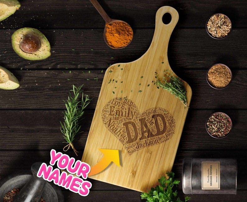 Dad Cutting Board Word Art Heart Shaped - Gift for Father's Day