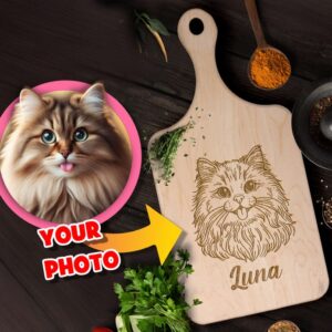 Custom Cat Photo Engraved Wooden Paddle Cutting Board: Personalized Memorial for Cat Lovers Coping with Loss