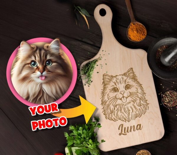 Custom Cat Photo Engraved Wooden Paddle Cutting Board: Personalized Memorial for Cat Lovers Coping with Loss