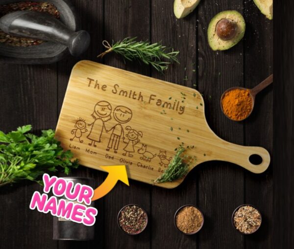 Custom Family Stickmen Cutting Board: Personalized First Home Chopping Board & Housewarming Kitchen Gift