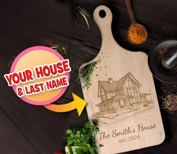 Custom Home Portrait Cutting Board: Ideal Realtor Closing Gift | Engrave Your House & Family Name