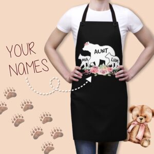 Personalized Auntie Bear Apron: Custom Black Apron with Nieces' and Nephews' Names, Ideal Aunt's Day Gift