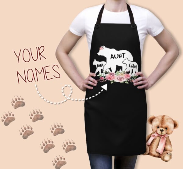 Personalized Auntie Bear Apron: Custom Black Apron with Nieces' and Nephews' Names, Ideal Aunt's Day Gift