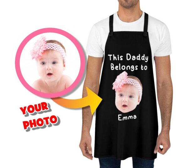 Personalized Father's Day Black Apron: Custom Apron with Kid's Photo and Name