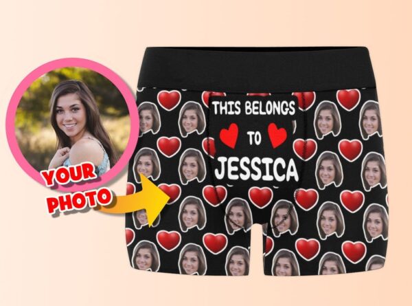 Custom Boxer Briefs with Text 'This Belongs to' and Your Name | Face Photo Underwear | Personalized Gift for Wedding Anniversary, Funny Photo Boxers, Fiancé Gift