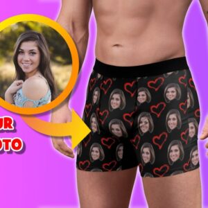 Custom Boxers with Face: Personalized Photo Underwear for Him, Valentine's Day Boxers, Face on Men's Underwear, Boxer Briefs with Hearts