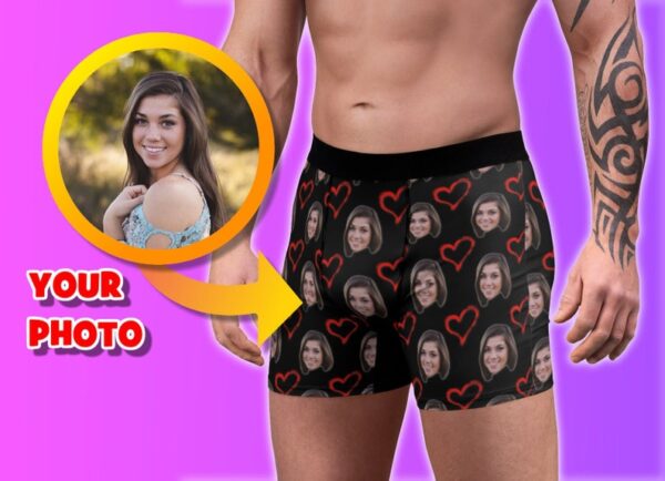 Custom Boxers with Face: Personalized Photo Underwear for Him, Valentine's Day Boxers, Face on Men's Underwear, Boxer Briefs with Hearts