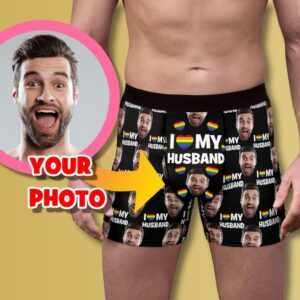 Custom I Love My Husband Boxer Briefs, Personalized Gay Couple Face Photo Underwear, LGBT Husband Gift for Valentine's Day