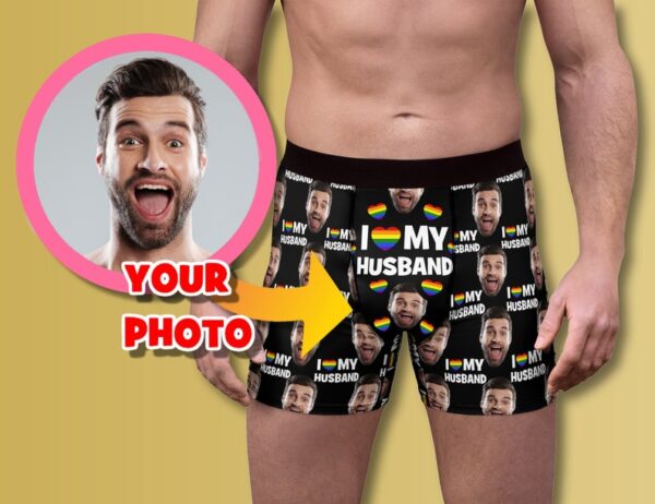 Custom I Love My Husband Boxer Briefs, Personalized Gay Couple Face Photo Underwear, LGBT Husband Gift for Valentine's Day