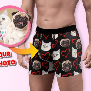 Custom Pet Underwear: Pets Face Men's Boxer Briefs, Dog & Cat Photo Heart Personalized Boxers - Unique Gift Idea