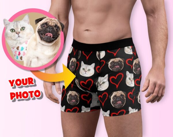 Custom Pet Underwear: Pets Face Men's Boxer Briefs, Dog & Cat Photo Heart Personalized Boxers - Unique Gift Idea