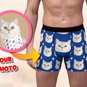Personalized Cat Dad Boxer Briefs: Custom Cat Face Photo Men's Underwear, Gift for Cat Owners, Funny Undies for Cat Daddy, Cat Lover