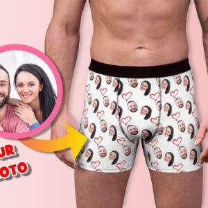Personalized Couple Photo Boxer Briefs with Red Hearts and White Background - Husband Wedding Anniversary Gift - Custom Underwear for Boyfriend - Customizable Valentine's Day Surprise