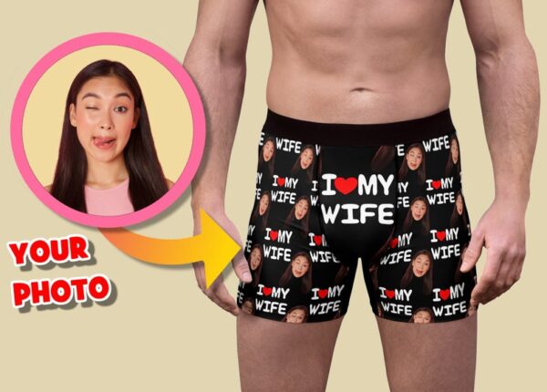 Personalized I love my wife Underwear, Custom Face Mens Boxer Briefs for Valentines Day, Photo Boxers for Husband r Boyfriend Anniversary