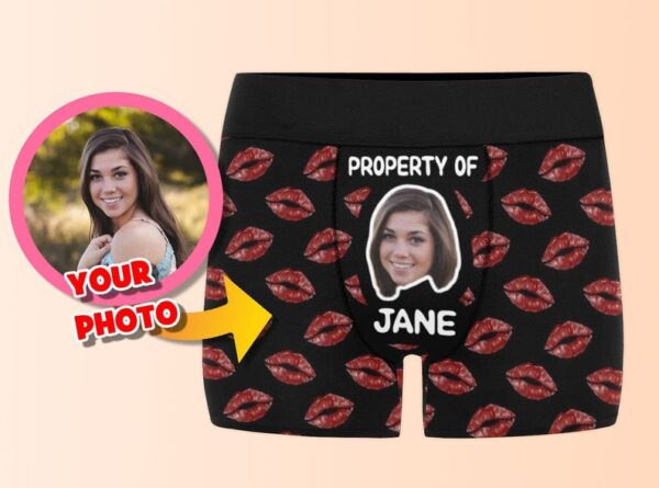 Personalized Underwear Gift for Wedding Anniversary: Custom Face Boxers, Funny Undies for Bridegroom, Property of Picture Men Brief, Men's Boxer Briefs with Your Face