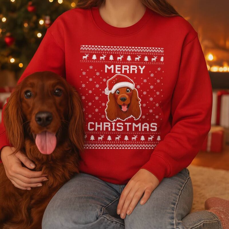 Ugly Christmas sweater with Irish Setter dog design, faceless female model hugging real Irish Setter in cozy festive living room with Christmas tree, fireplace, and gifts