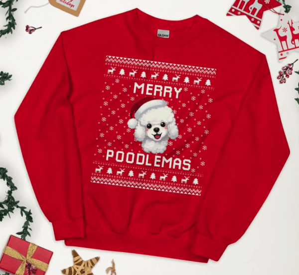 White Poodle Christmas Sweater, Poodle Ugly Xmas Sweatshirt, Poodle Christmas Gift, Merry Poodlemas, Poodle Jumper Holiday Winter Gift