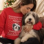 Red color ugly christmas sweatshirt featuring a bearded collie dog on it