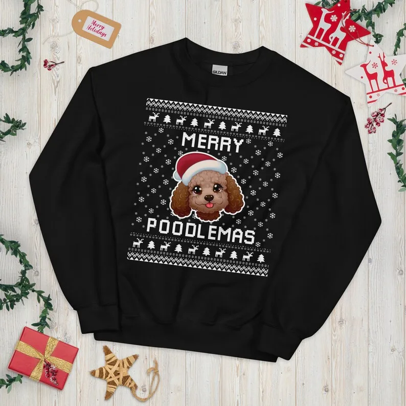 Sweatshirt De Noël Avec Motif Poodle Et Sapin - Coupe Classique, 241 G, Col Tissé - Pour Un Style Festif Décontracté