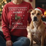 merry-pitmas-pitbull-christmas-sweatshirt Red Merry Pitmas Christmas sweatshirt with pit bull illustration, fun holiday design for dog lovers and pit bull owners