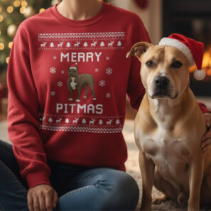 Red Merry Pitmas Christmas sweatshirt with pit bull illustration, fun holiday design for dog lovers and pit bull owners