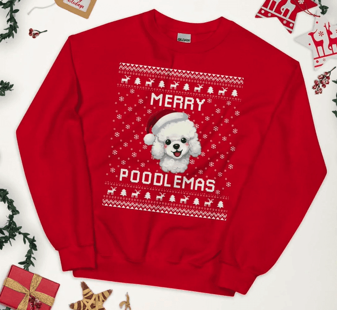 White Poodle Christmas Sweater, Poodle Ugly Xmas Sweatshirt, Poodle Christmas Gift, Merry Poodlemas, Poodle Jumper Holiday Winter Gift White Poodle Ugly Christmas Sweater – Funny Holiday Gift Idea for Poodle Lovers