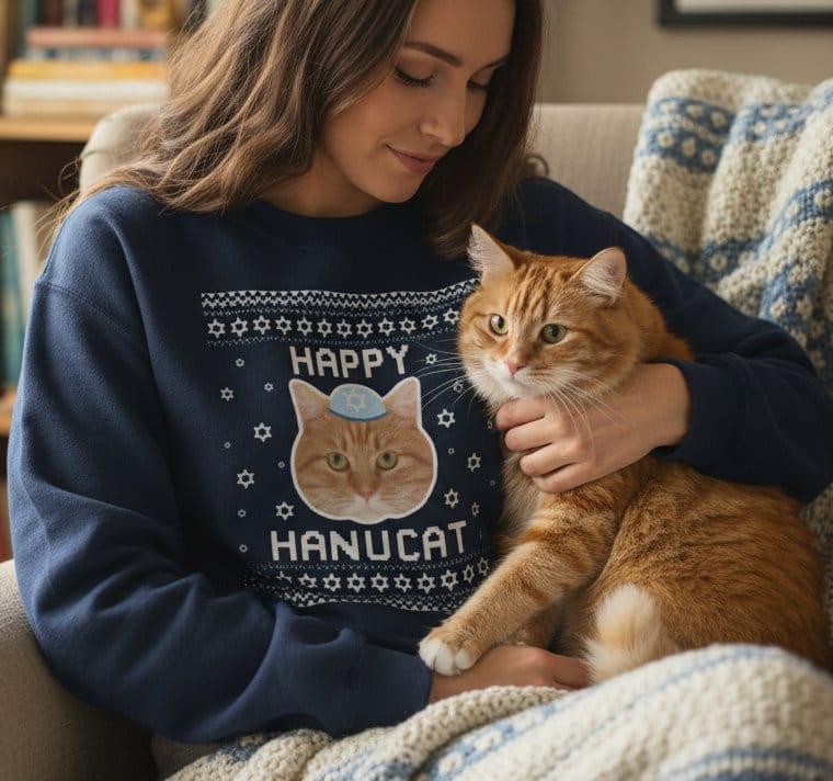 Happy_Hanucat_Funny_Cat_Photo_Ugly_Hanukkah_Sweater_For_Jewish_Cat_Owners Personalized ugly Hanukkah sweater with printed cat photo – funny holiday gift for Jewish cat owners