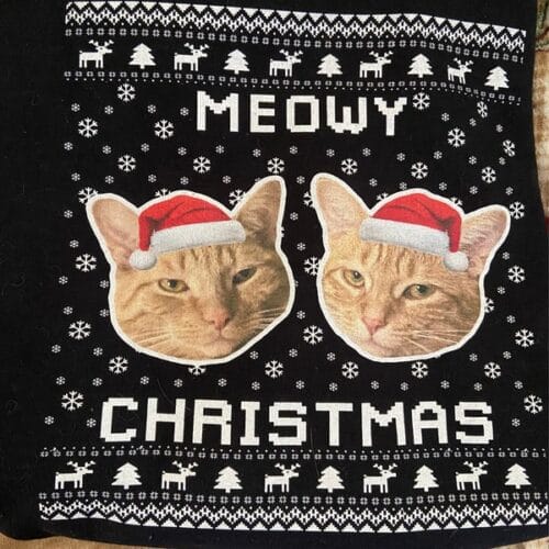 Meowy Christmas Ugly Xmas Sweater with two cats on it - customer review