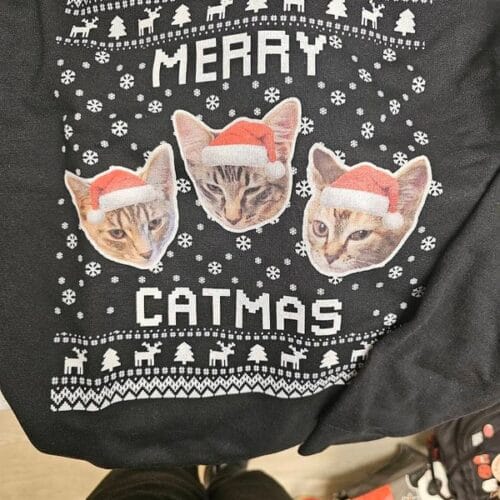 Black Merry Catmas Ugly Christmas Sweater with three cats on it - customer's review photo