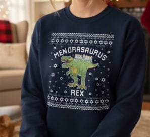Menorasaurus ugly Hanukkah sweater with T‑Rex holding menorah – funny Jewish holiday jumper gift idea