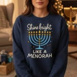 shine-bright-like-a-menorah-sweater-5 Funny Hanukkah sweatshirt with menorah print and cozy fit for Jewish holiday fans.