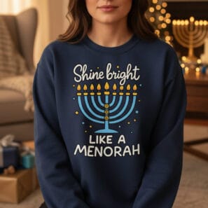 Funny Hanukkah sweatshirt with menorah print and cozy fit for Jewish holiday fans.