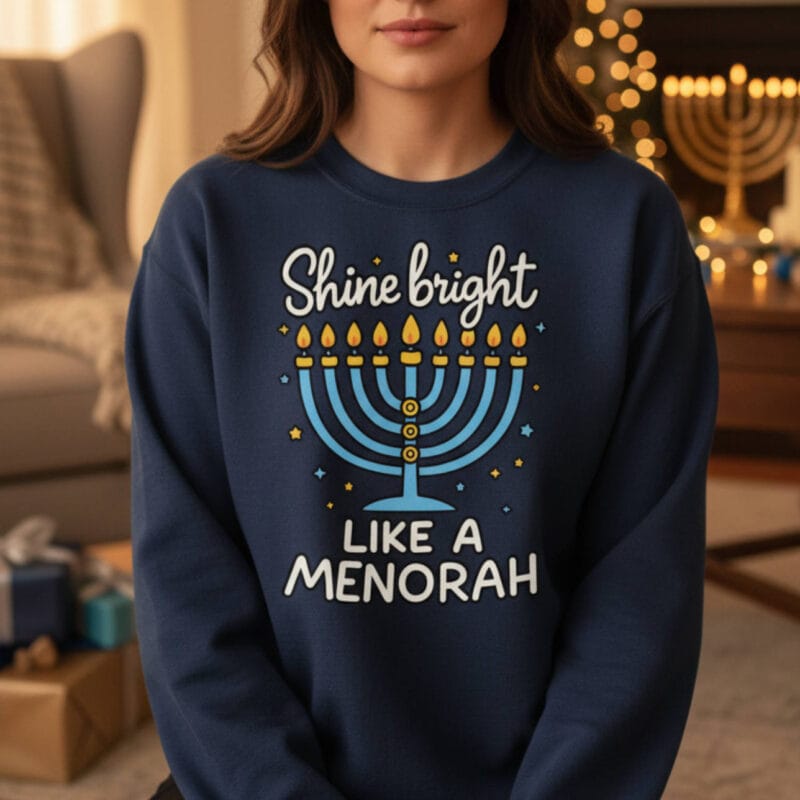 shine-bright-like-a-menorah-sweater-5 Funny Hanukkah sweatshirt with menorah print and cozy fit for Jewish holiday fans.