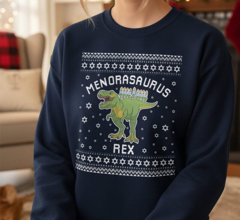 Menorasaurus ugly Hanukkah sweater with T‑Rex holding menorah – funny Jewish holiday jumper gift idea Menorasaurus Ugly Hanukkah Sweater - Gift for T-Rex Lovers