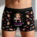 Personalized Valentine's Day boxer briefs with custom face design, hearts, XOXO pattern, and playful romantic theme