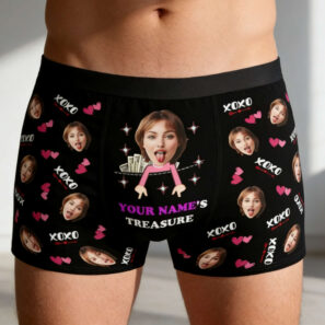 Personalized Valentine's Day boxer briefs with custom face design, hearts, XOXO pattern, and playful romantic theme