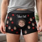 Personalized-Underwear-with-Face-Text Personalized men's boxer shorts featuring a custom face and text print pattern, worn by a man in a modern lifestyle setting, unique gift for boyfriend.